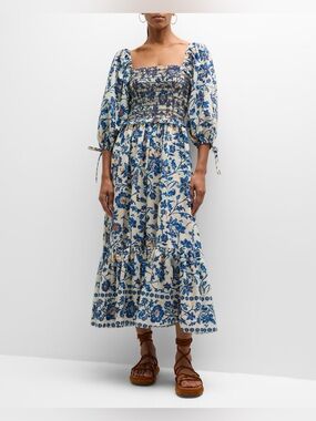 Cara Cara Blue Floral Smocked Midi Dress with Puff Sleeves
